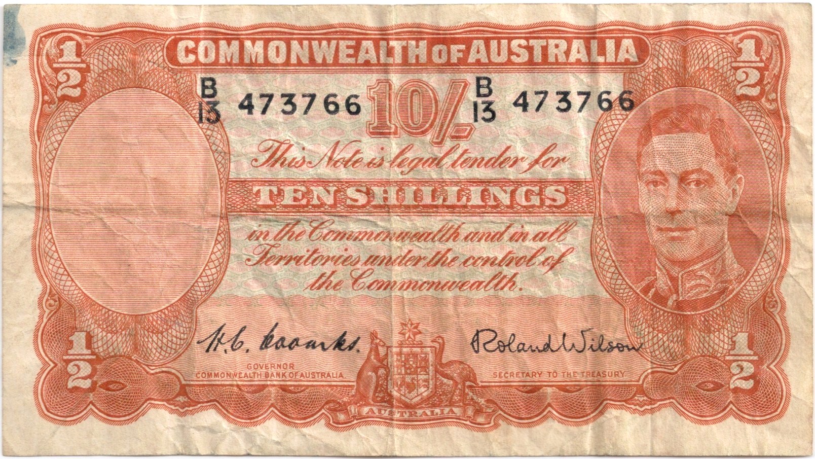 Ten Shilling Coombs Wilson (52) Australian Banknote, 'F' - Click Image to Close